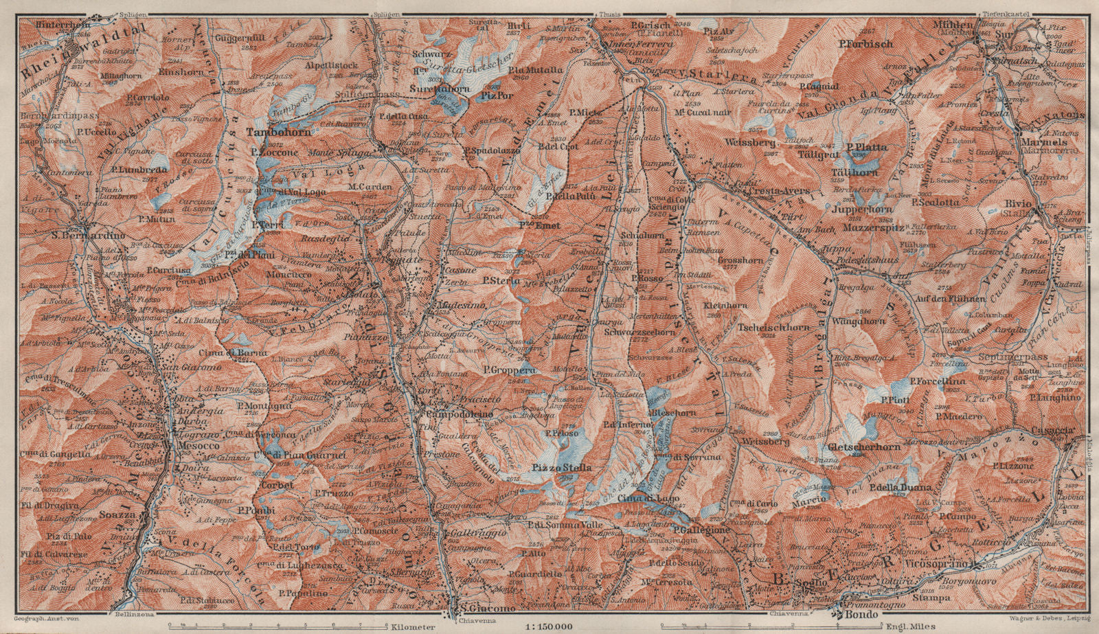 SPLÜGEN-BONDO. Madesimo San Bernardino Mesocco Tambohorn Surettahorn 1909 map